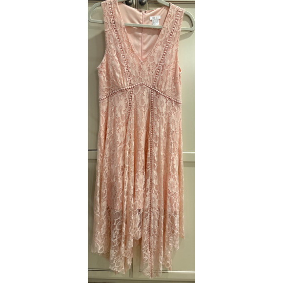 Venus Women Sz 12 Handkerchief Hem Lace Dress Pink V Neck Mini Length Lining - Picture 1 of 4